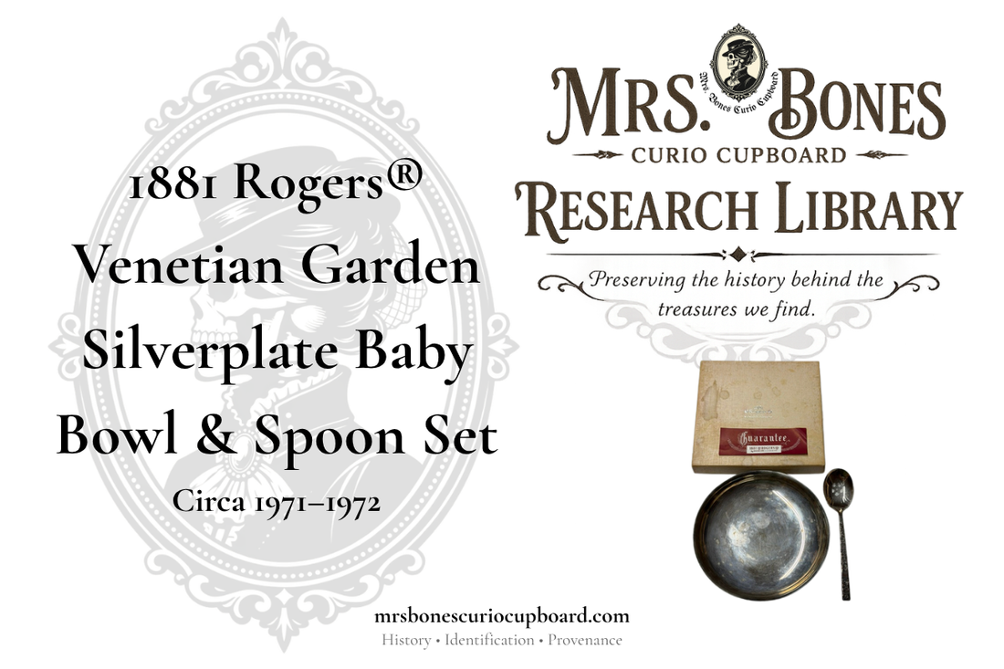 Mrs. Bones Research Library cover featuring an 1881 Rogers Venetian Garden silverplate baby bowl and matching spoon set by Oneida Ltd. Silversmiths, circa 1971–1972, with original presentation sleeve and guarantee card.