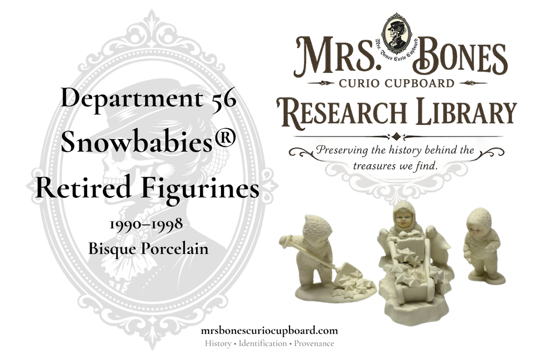 Department 56 Snowbabies® retired bisque porcelain figurines (1990–1998) featured in the Mrs. Bones Curio Cupboard Research Library collector's guide.