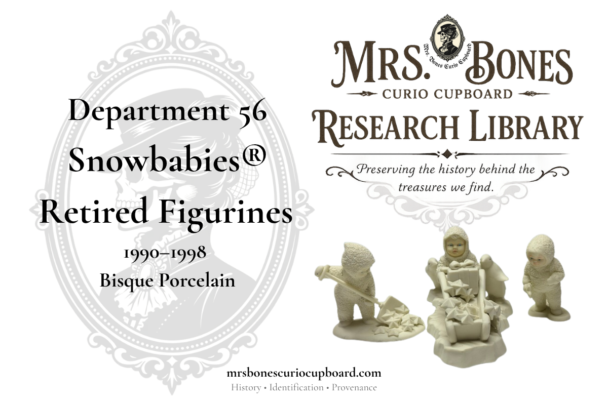 Department 56 Snowbabies® retired bisque porcelain figurines (1990–1998) featured in the Mrs. Bones Curio Cupboard Research Library collector's guide.