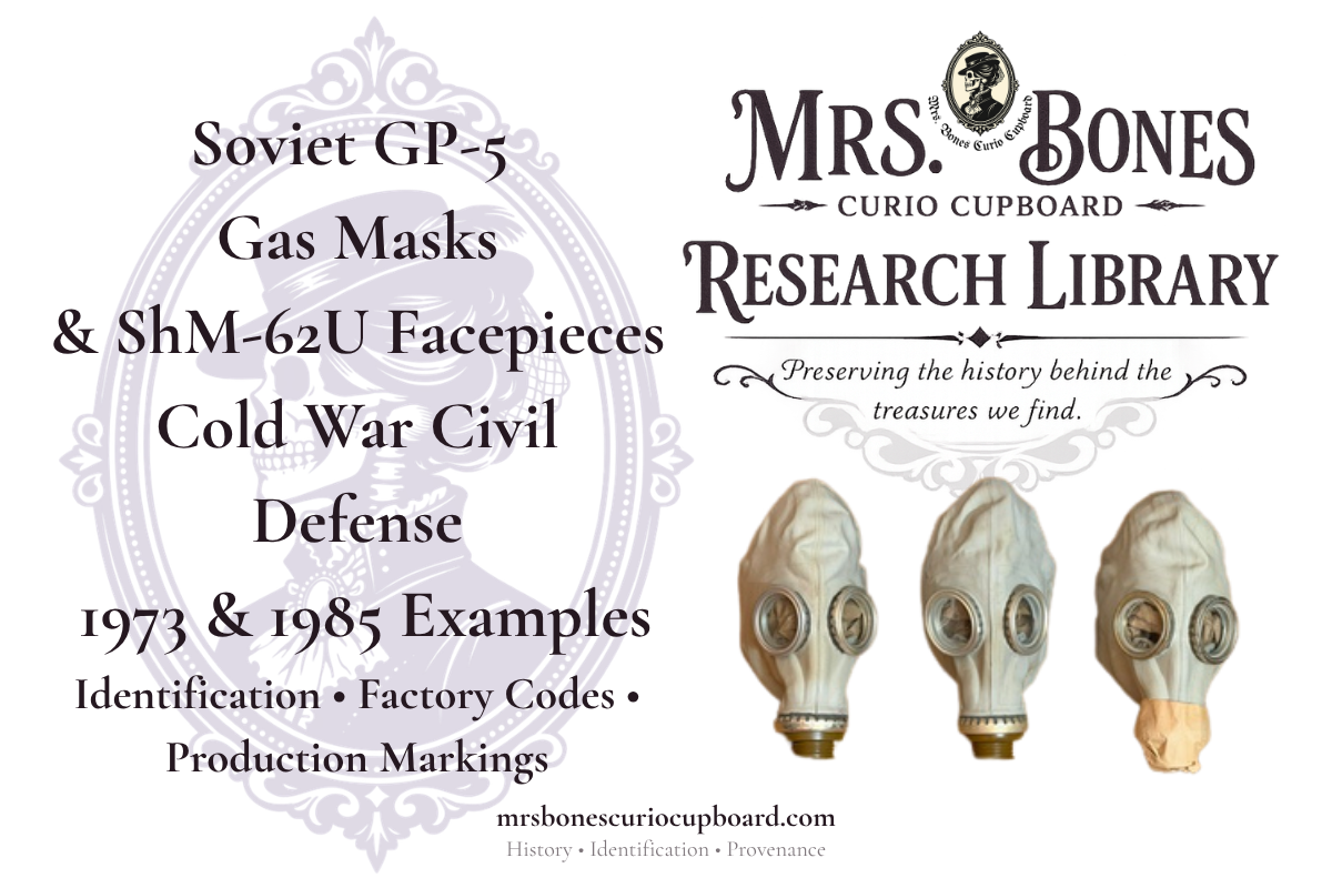 Mrs. Bones Research Library cover featuring three Soviet GP-5 ShM-62U gas mask facepieces from 1973 and 1985, with Cold War civil defense, factory code, identification, and production marking research.
