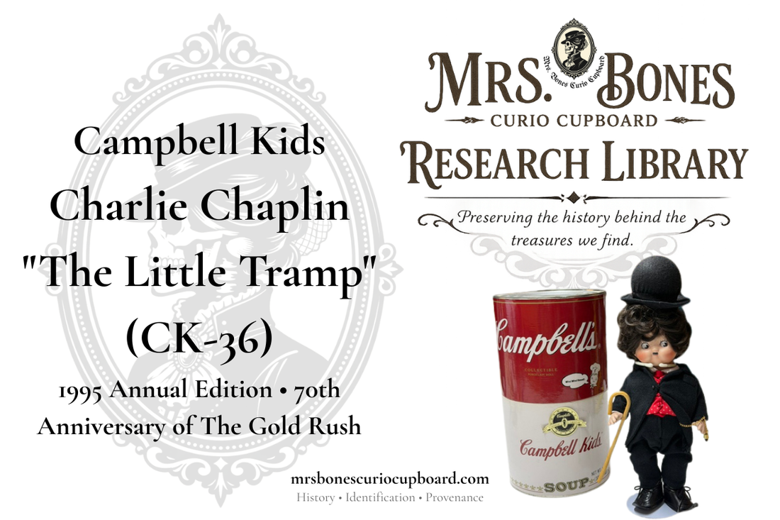 Mrs. Bones Research Library cover featuring the Campbell Kids Charlie Chaplin "The Little Tramp" (CK-36) 1995 Annual Edition with original Campbell Soup can packaging and 70th Anniversary of The Gold Rush commemorative edition.