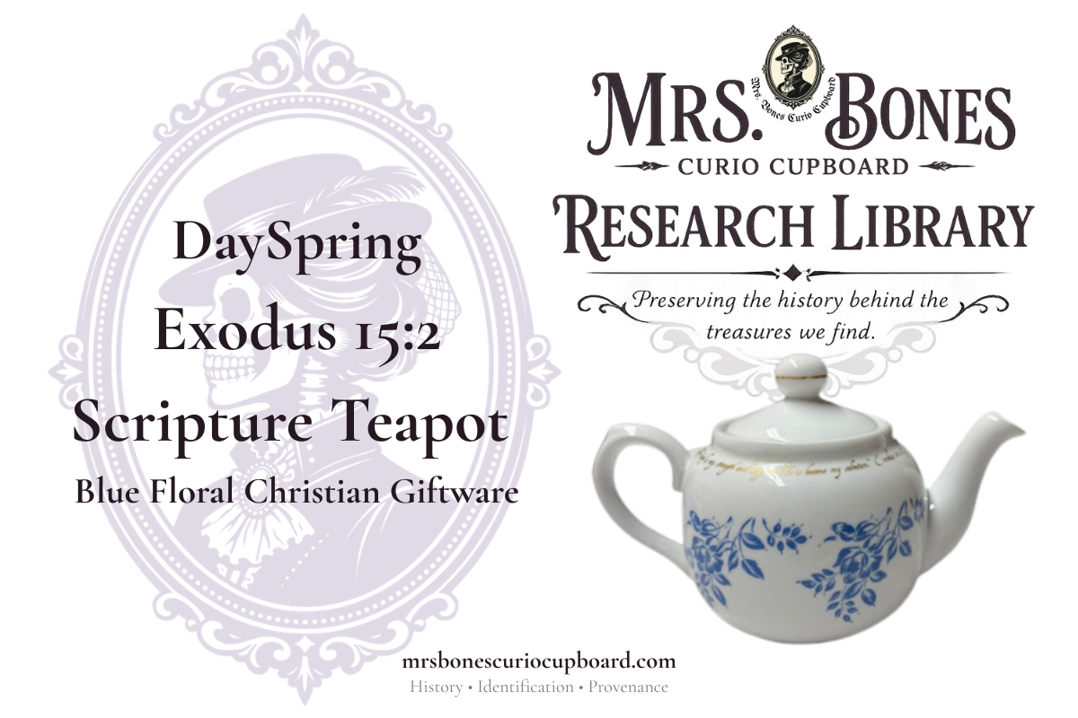 Mrs. Bones Research Library graphic featuring a DaySpring Exodus 15:2 blue floral scripture teapot with gold-tone accents, identified as Christian inspirational giftware.