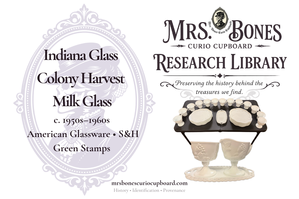Mrs. Bones Research Library cover featuring Indiana Glass Colony Harvest milk glass, c. 1950s–1960s. White grape-pattern luncheon cups and plates, creamer, sugar bowl, and openwork tray appear against lavender Victorian artwork with S&H Green Stamps text.