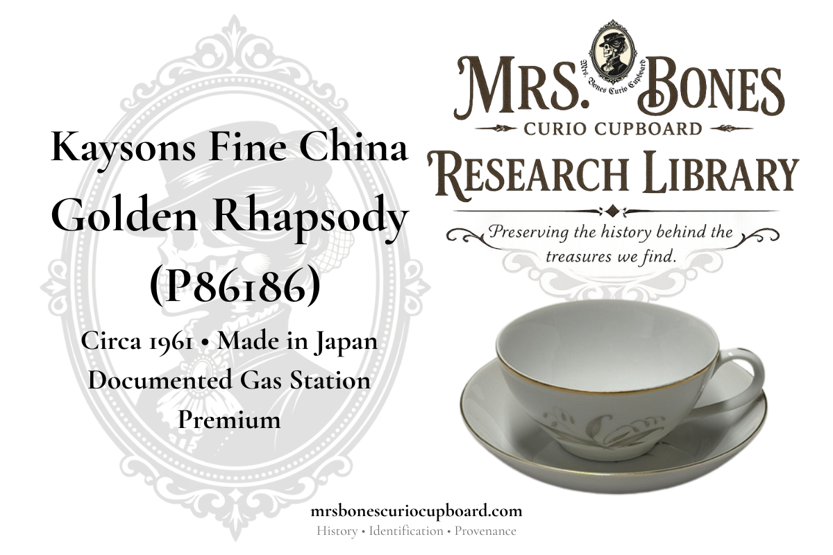 Kaysons Fine China Golden Rhapsody P86186 cup and saucer, circa 1961, made in Japan and documented as a gas station premium.