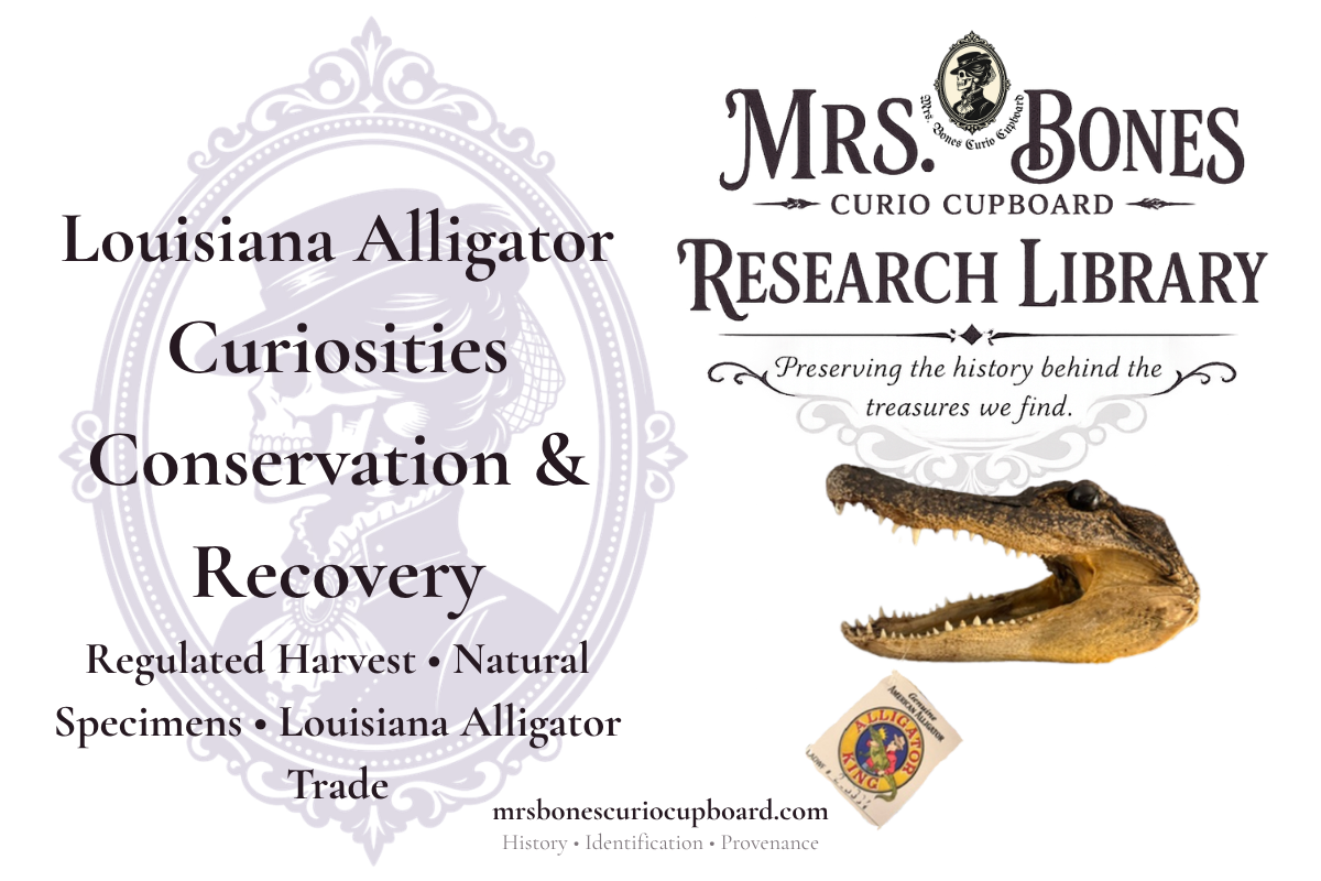 Mrs. Bones Research Library cover for Louisiana Alligator Curiosities, exploring conservation, recovery, regulated harvest, natural specimens, and the Louisiana alligator trade.
