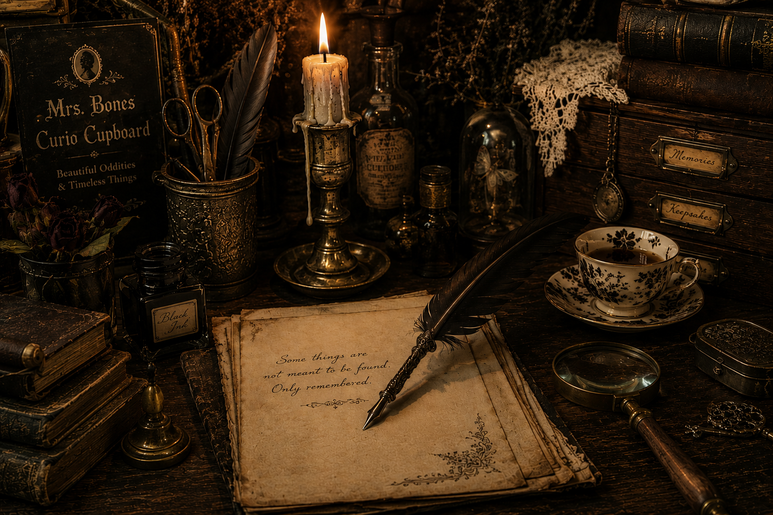 Atmospheric vintage writing desk scene featuring candlelight, antique books, black ink, a feather quill, handwritten parchment, Victorian curiosities, and apothecary-style keepsakes inside Mrs. Bones Curio Cupboard.