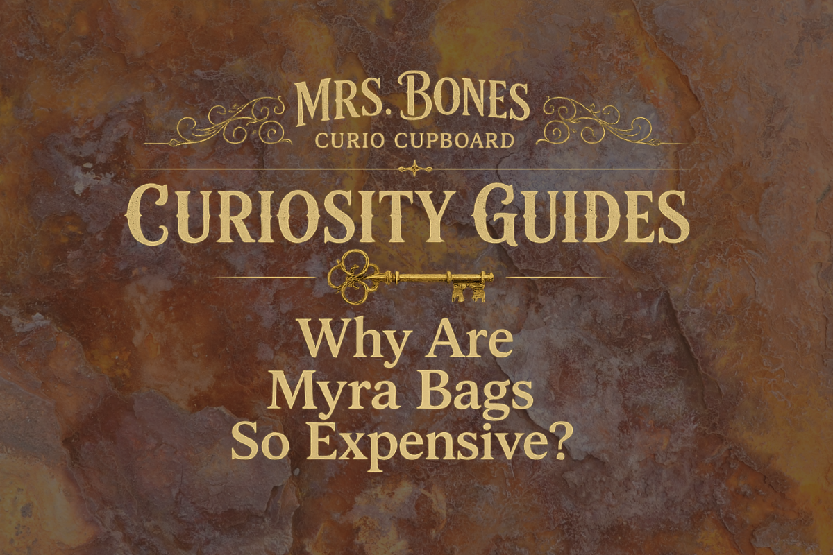 Cover image for the Mrs. Bones Curiosity Guides article "Why Are Myra Bags So Expensive?" featuring Victorian-inspired typography, a skeleton key, and an antique textured background.