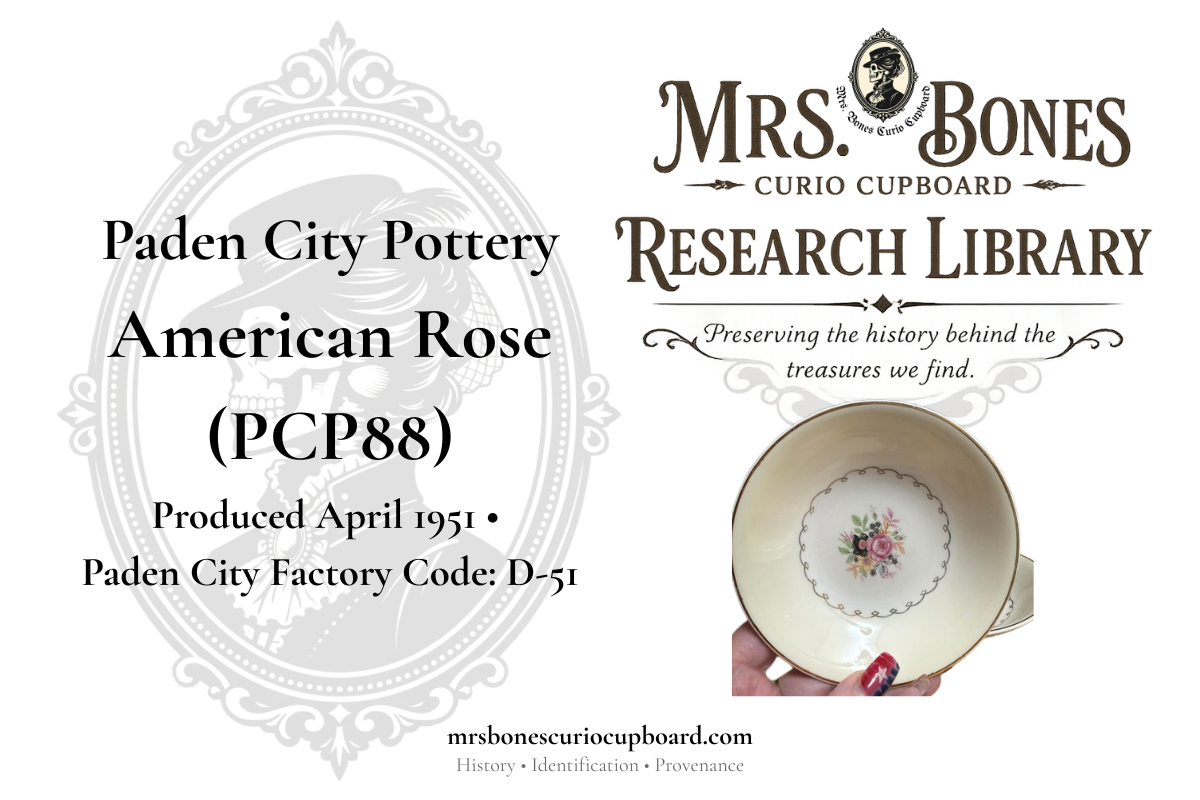 Mrs. Bones Research Library cover featuring Paden City Pottery American Rose (PCP88) fruit bowl produced in April 1951 with 22-karat gold filigree.