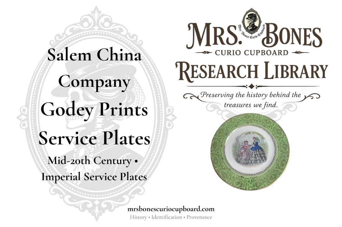 Mrs. Bones Research Library cover featuring Salem China Godey Prints Service Plates, a mid-20th century Imperial Service Plate with genuine 23-karat gold decoration and Victorian-inspired artwork.