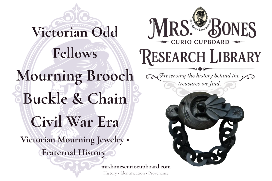 Victorian Odd Fellows mourning brooch with buckle and chain, Civil War era black gutta-percha jewelry – Mrs. Bones Research Library