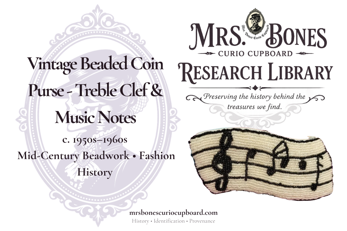 Mrs. Bones Research Library graphic featuring a vintage ivory and black beaded coin purse with treble clef and music notes, dating to circa 1950s–1960s.