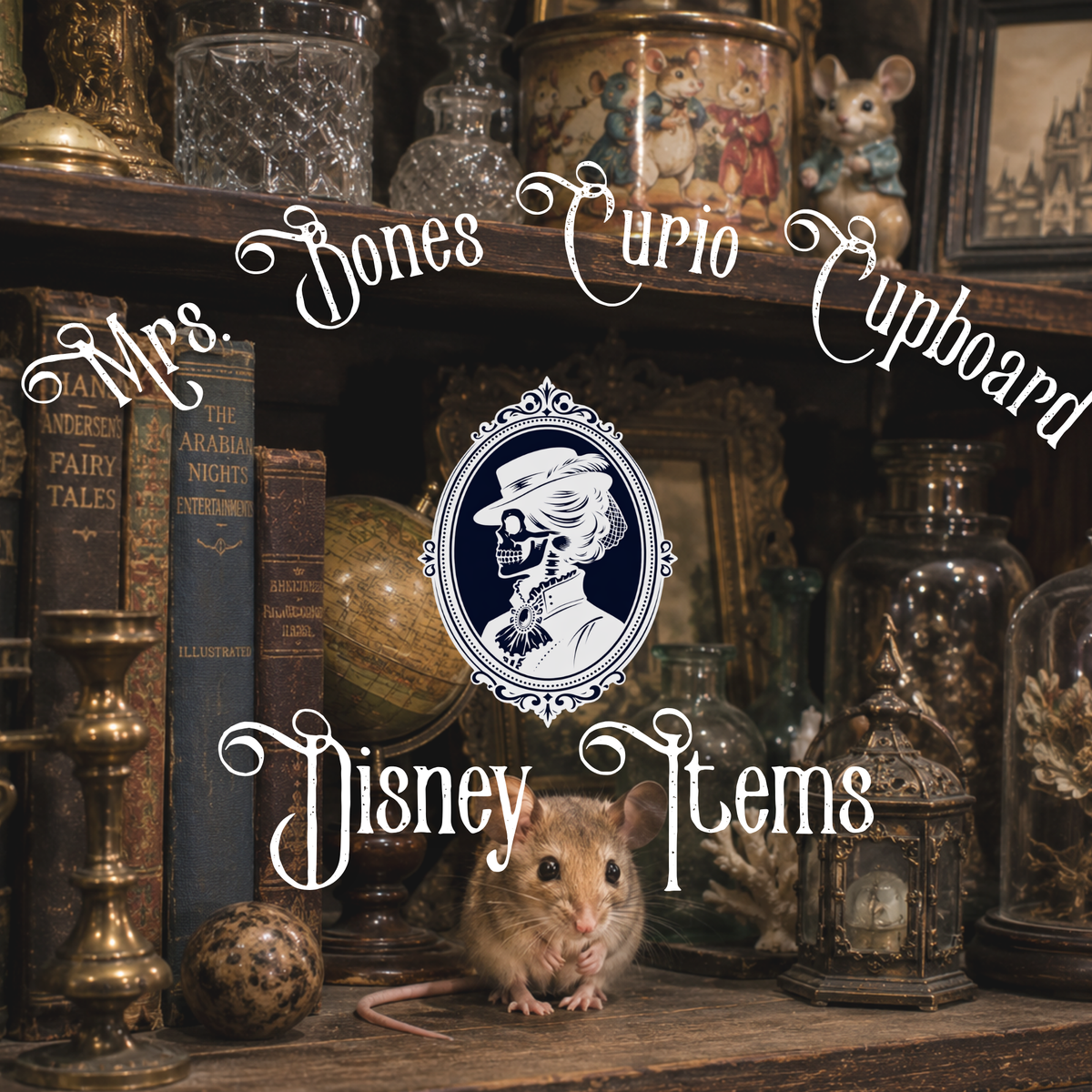 Disney Items collection at Mrs. Bones Curio Cupboard, featuring a whimsical mouse among vintage books and antique curios.