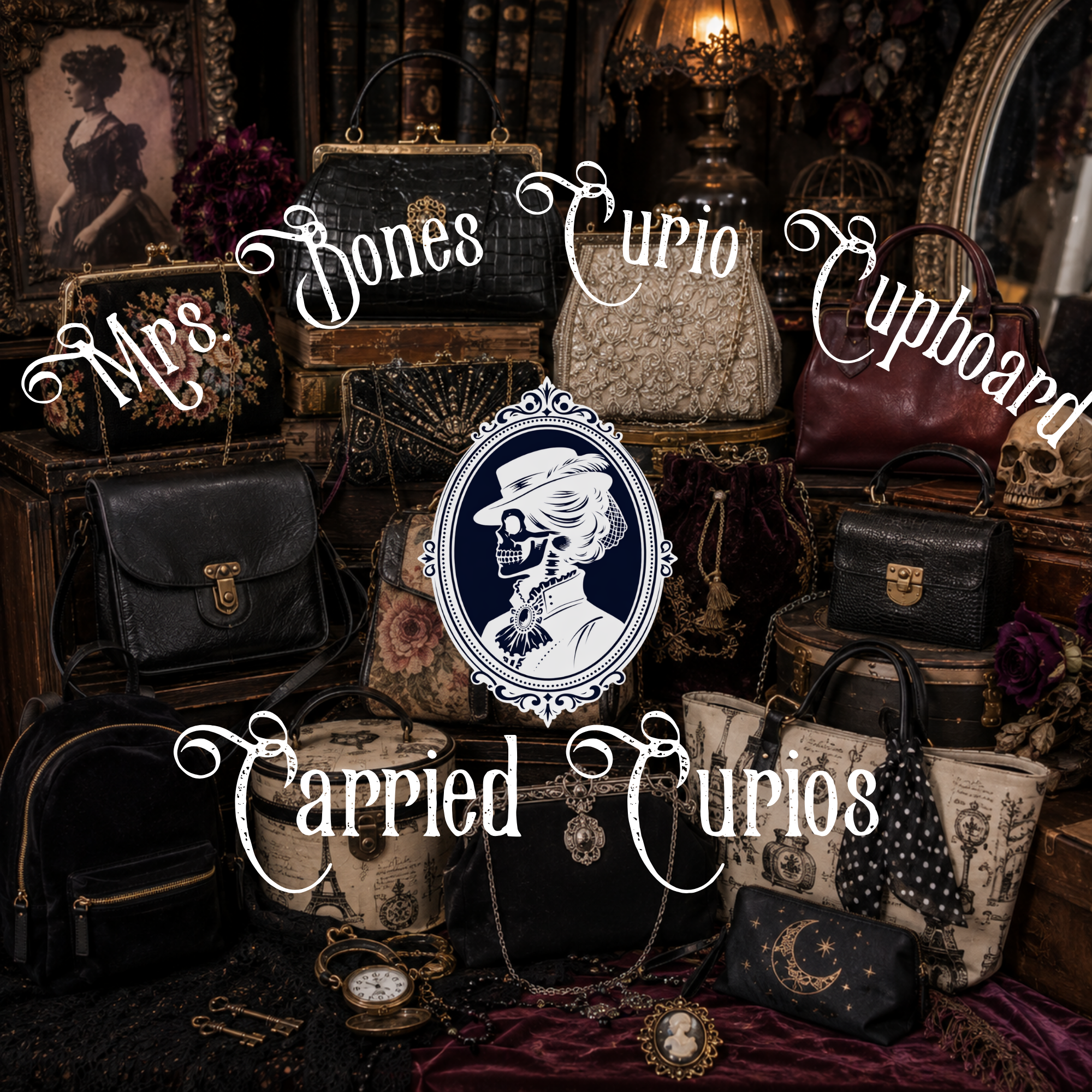 Carried Curios collection cover for Mrs. Bones Curio Cupboard featuring an ornate gothic display of vintage-inspired handbags, purses, clutches, backpacks, and travel accessories surrounding the Mrs. Bones skeleton cameo logo.