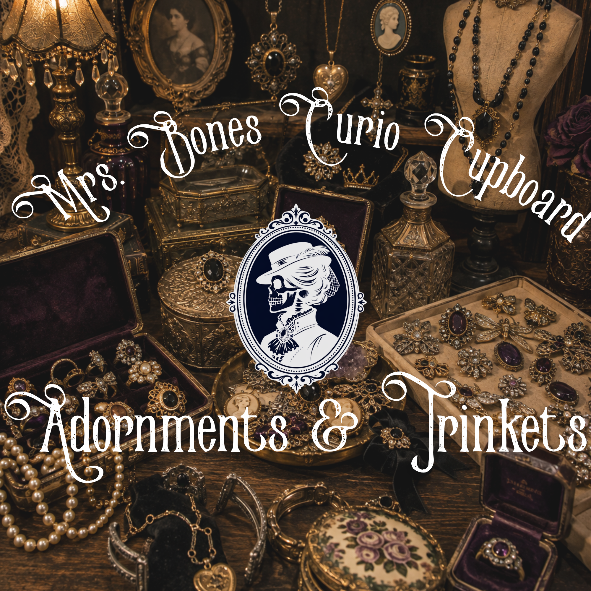 Adornments & Trinkets at Mrs. Bones Curio Cupboard featuring vintage jewelry, brooches, necklaces, rings, cameos, trinket boxes, and decorative treasures.