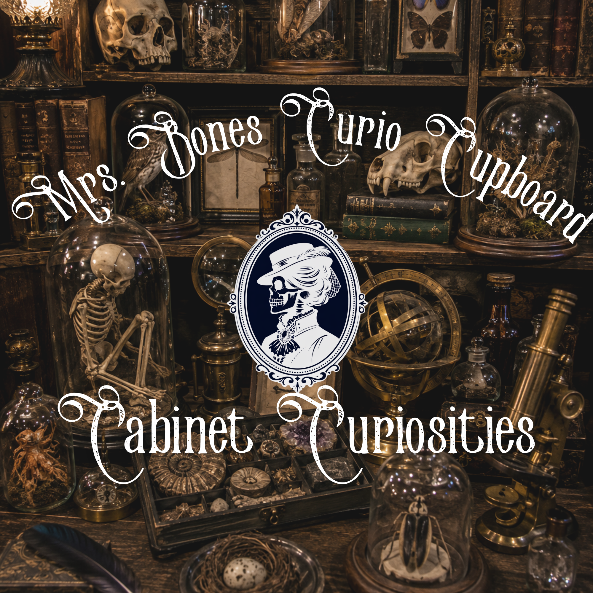 Cabinet Curiosities at Mrs. Bones Curio Cupboard featuring natural history specimens, skulls, insects, fossils, antique scientific instruments, and unusual curiosities.