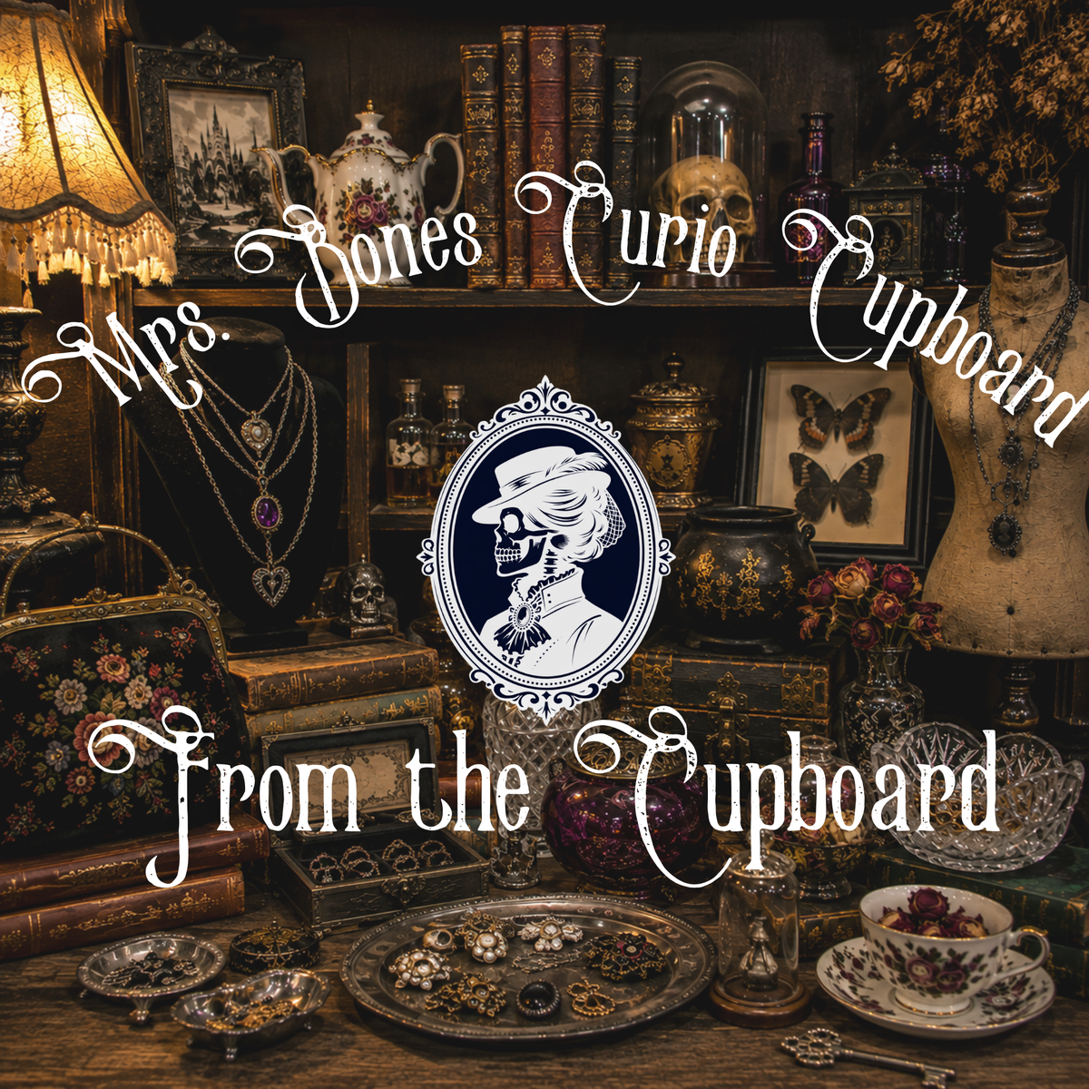 From the Cupboard at Mrs. Bones Curio Cupboard featuring vintage jewelry, antiques, curiosities, collectibles, and one-of-a-kind treasures.