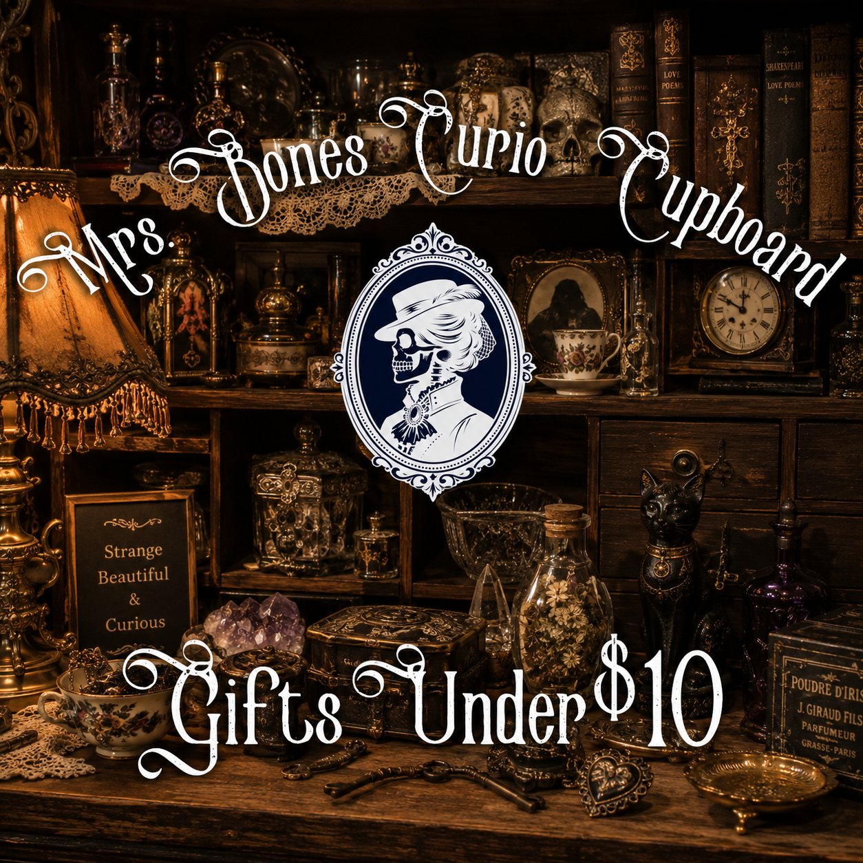 Gifts Under $10 at Mrs. Bones Curio Cupboard featuring affordable vintage-inspired gifts, jewelry, curiosities, and small treasures.
