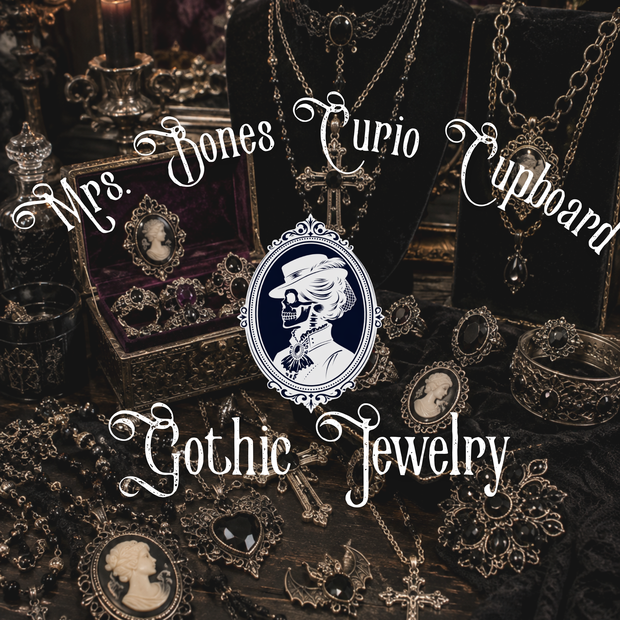 Gothic Jewelry at Mrs. Bones Curio Cupboard featuring dark Victorian-inspired necklaces, crosses, cameos, rings, brooches, and ornate black jewelry.