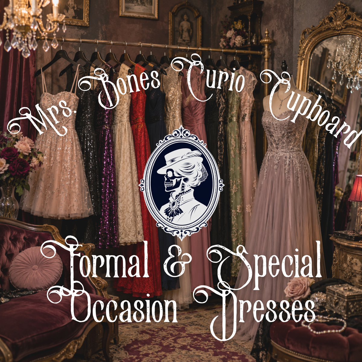 Formal and special occasion dresses displayed in a vintage boutique, featuring evening gowns, homecoming dresses, sequins and lace.