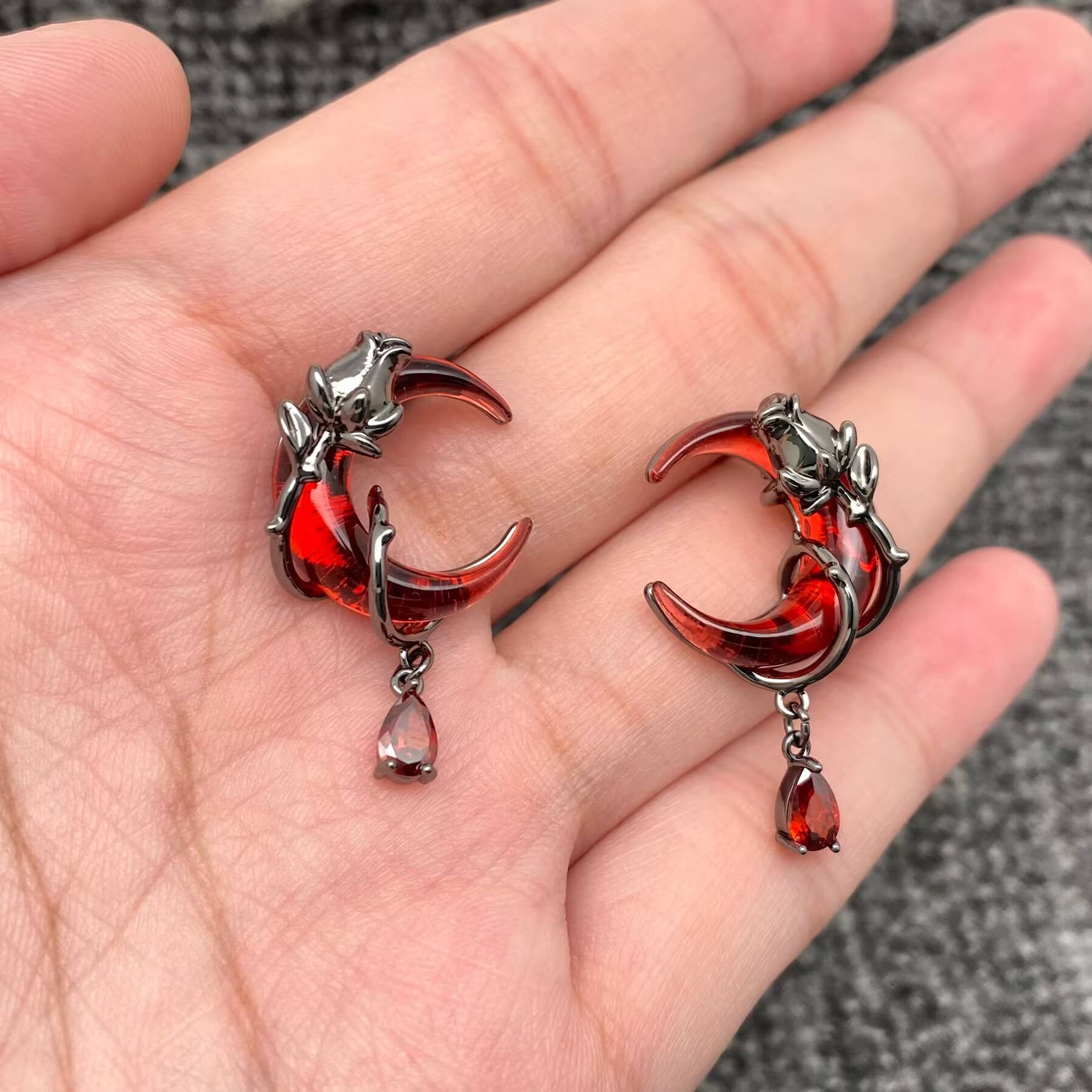 Gothic Gun-black Rose Wrapped Red Moon Earrings - GT/MS