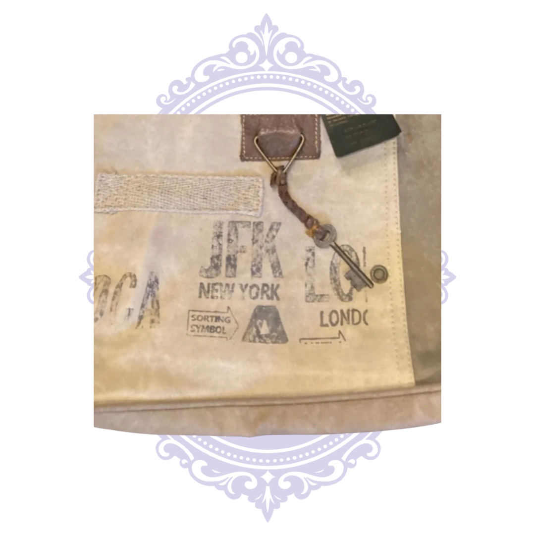 Myra Bag JFK Travel Print Canvas Tote – Tan & Gray NWT