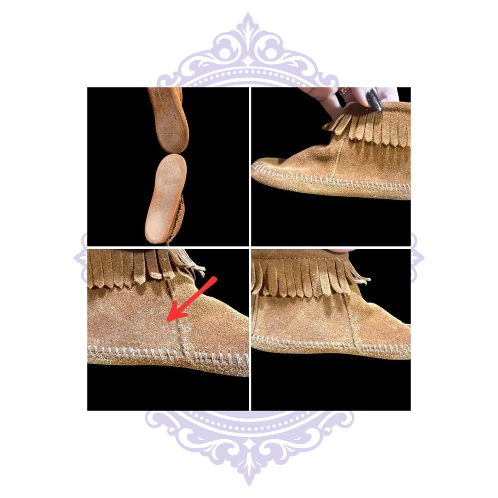 Collage highlighting wear marks and back zipper closures on Minnetonka moccasins