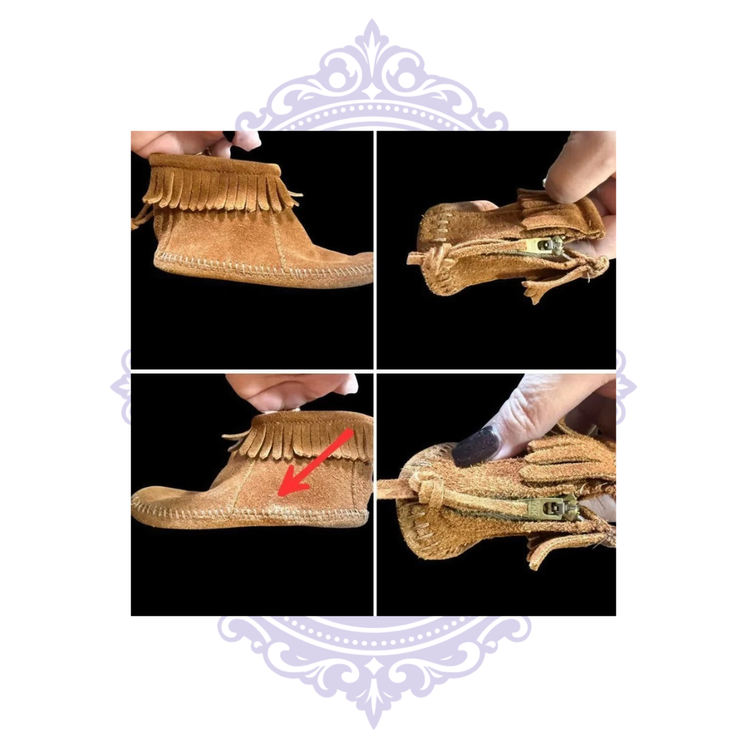 Close-up collage of suede soles, lining and condition marks