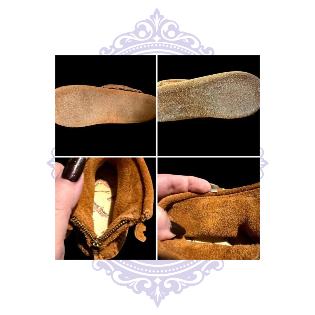 Collage showing Minnetonka Made in Dominican Republic stamp, back zipper and lining