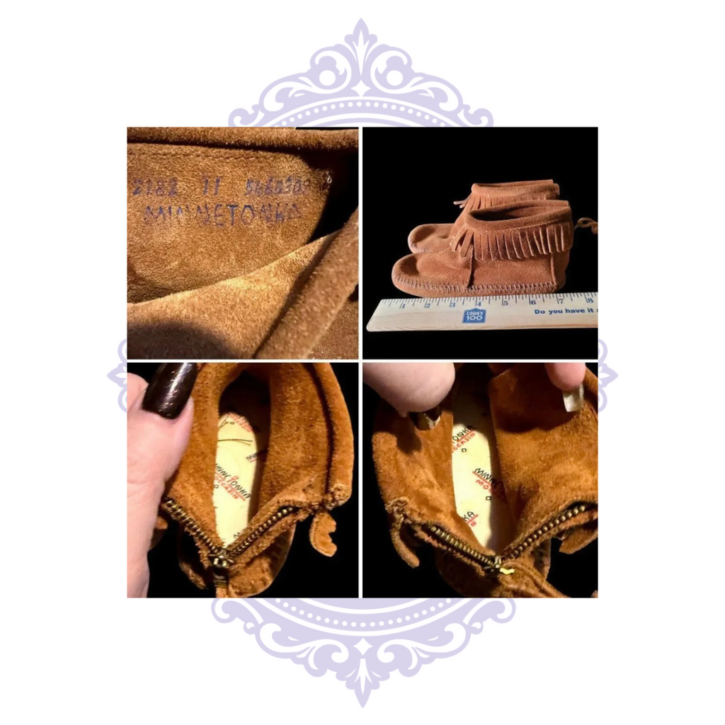 Multiple views of brown fringe moccasin boots including toe and back zippers