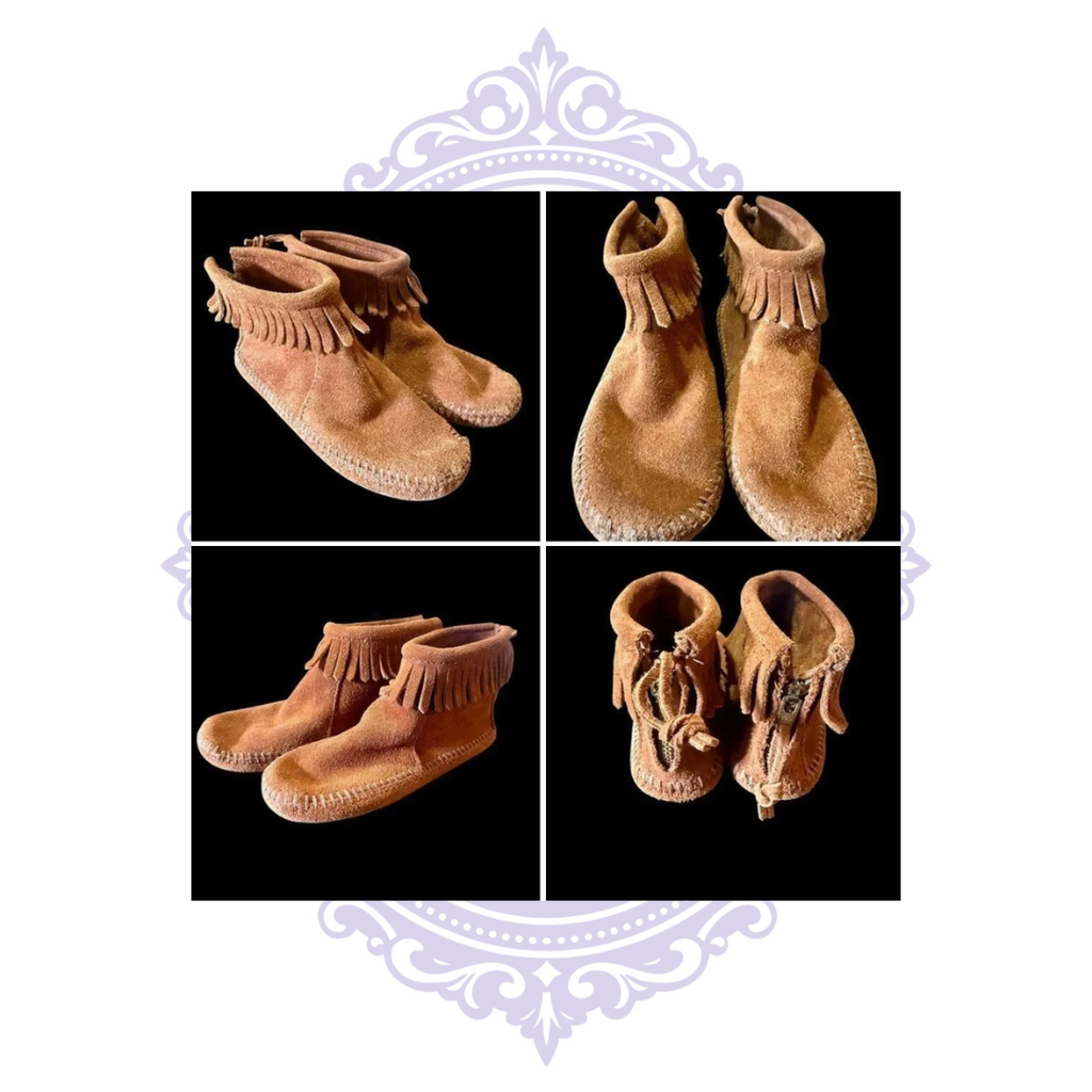 Pair of brown suede fringe Minnetonka moccasin boots beside ruler; no box, children's size