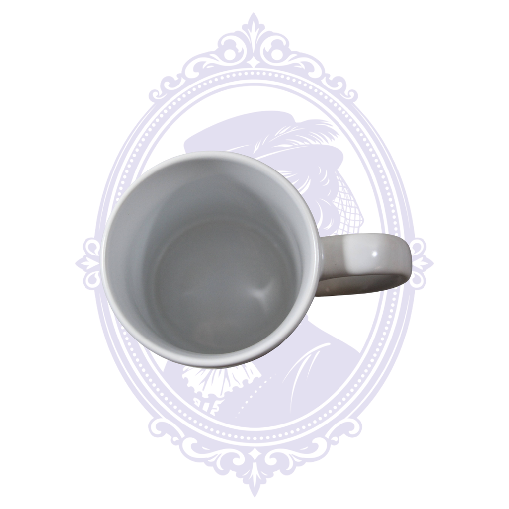 Top view showing the white ceramic interior of the 15 oz crow coffee mug.