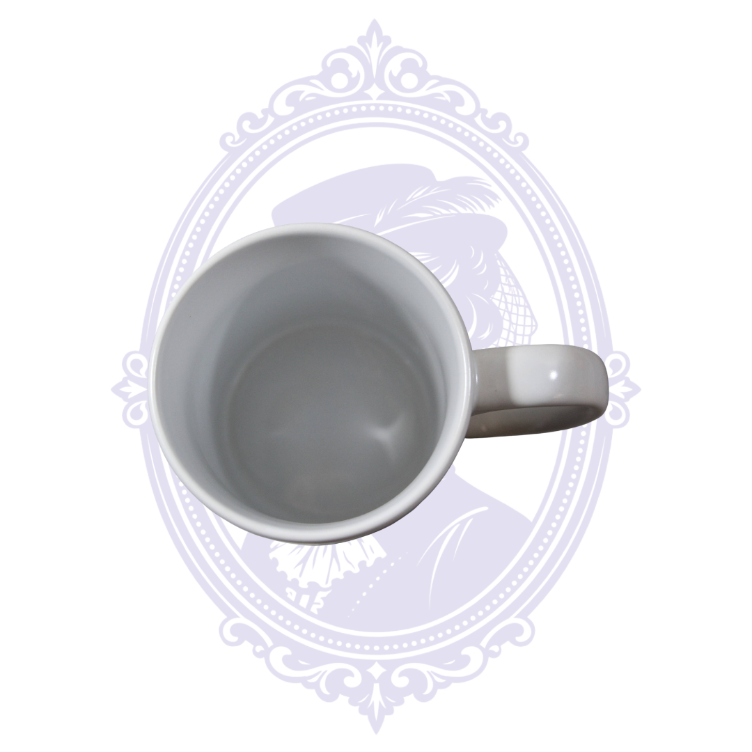 Top view showing the white ceramic interior of the 15 oz crow coffee mug.