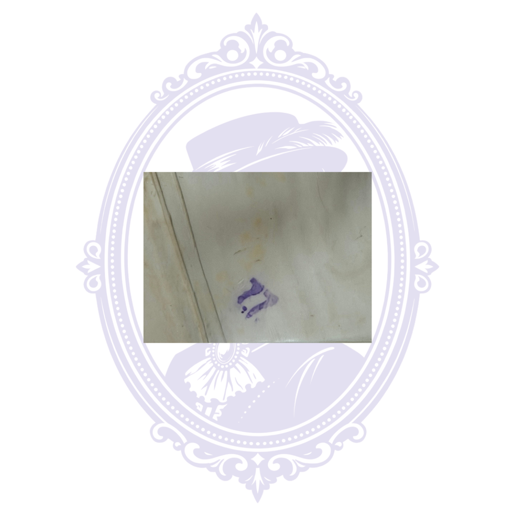 Close-up of an unidentified purple ink marking preserved on the 1973 Soviet ShM-62U gas mask facepiece.