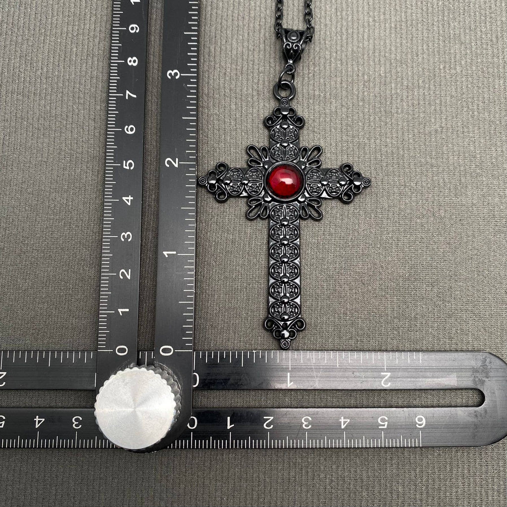 Gothic Red Glass Inlaid Cross Charm Necklace - GT