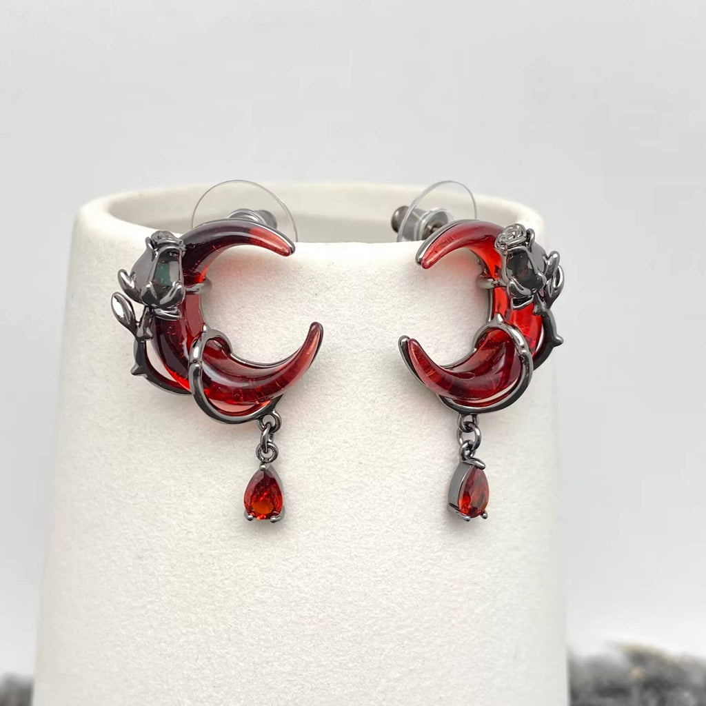 Gothic Gun-black Rose Wrapped Red Moon Earrings - GT/MS