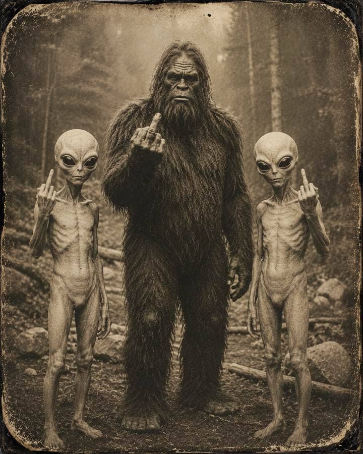 A sepia-toned horror-style scene showing a large hairy humanoid figure in the center standing in a forest with two small alien-like figures on either side, all facing forward.