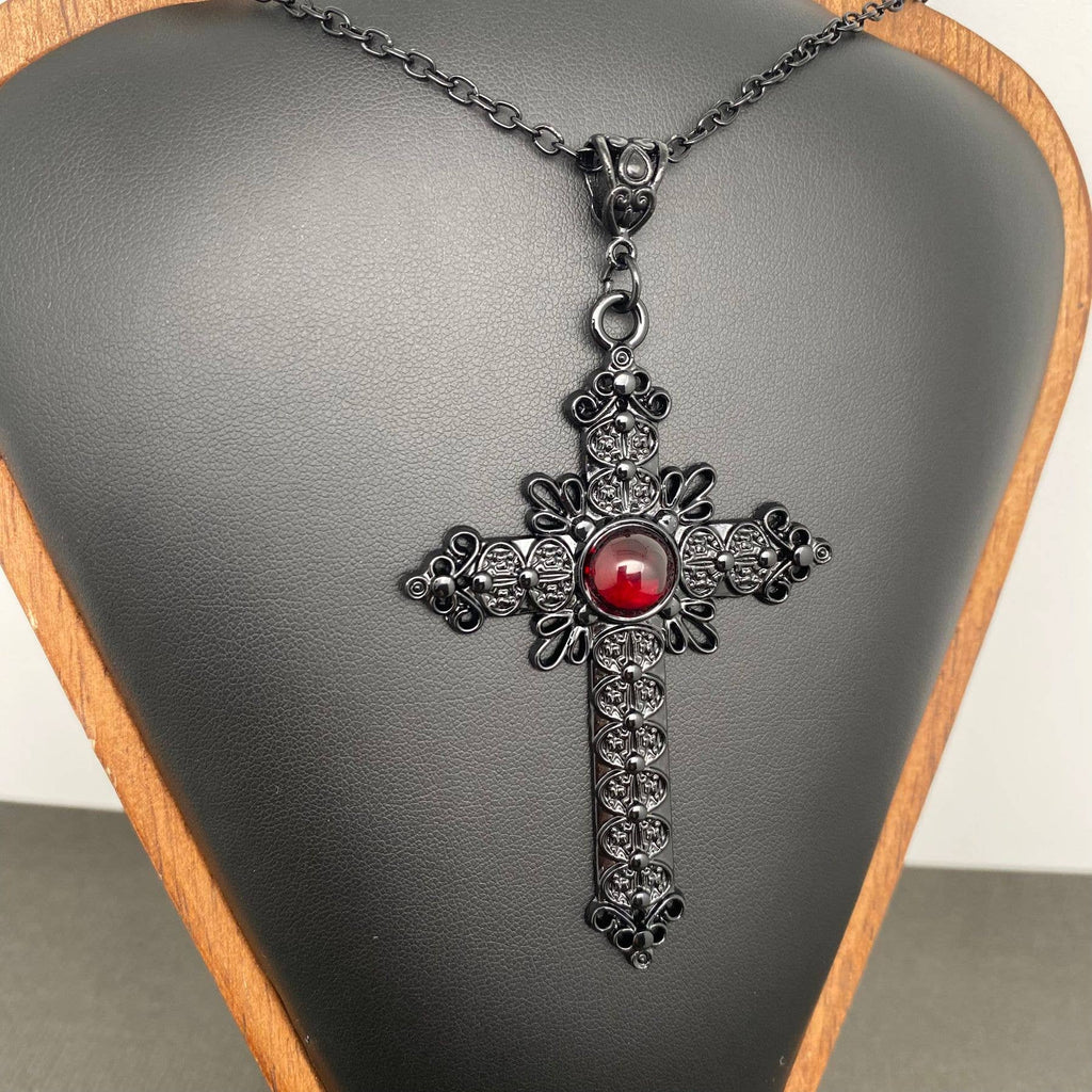 Gothic Red Glass Inlaid Cross Charm Necklace - GT
