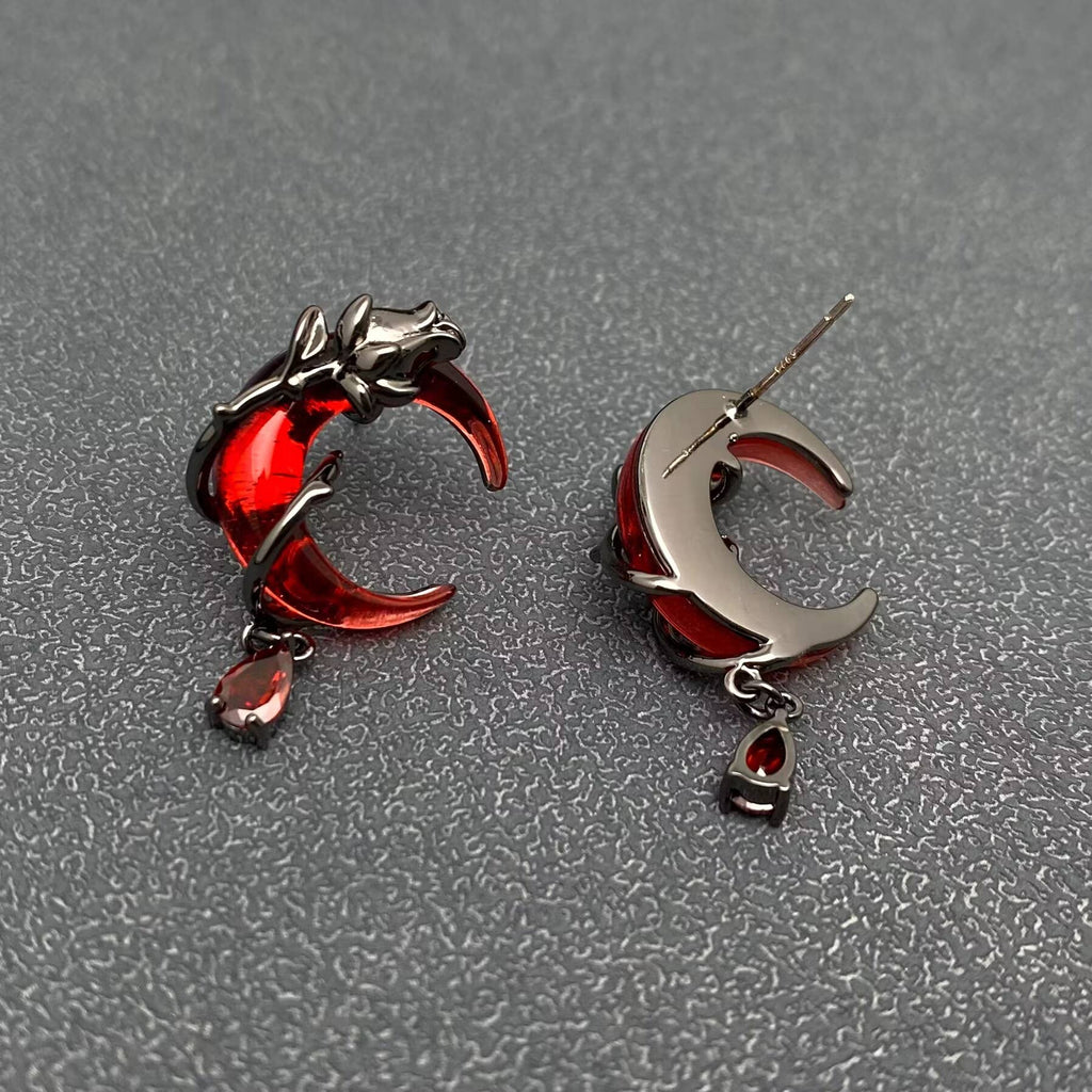 Gothic Gun-black Rose Wrapped Red Moon Earrings - GT/MS