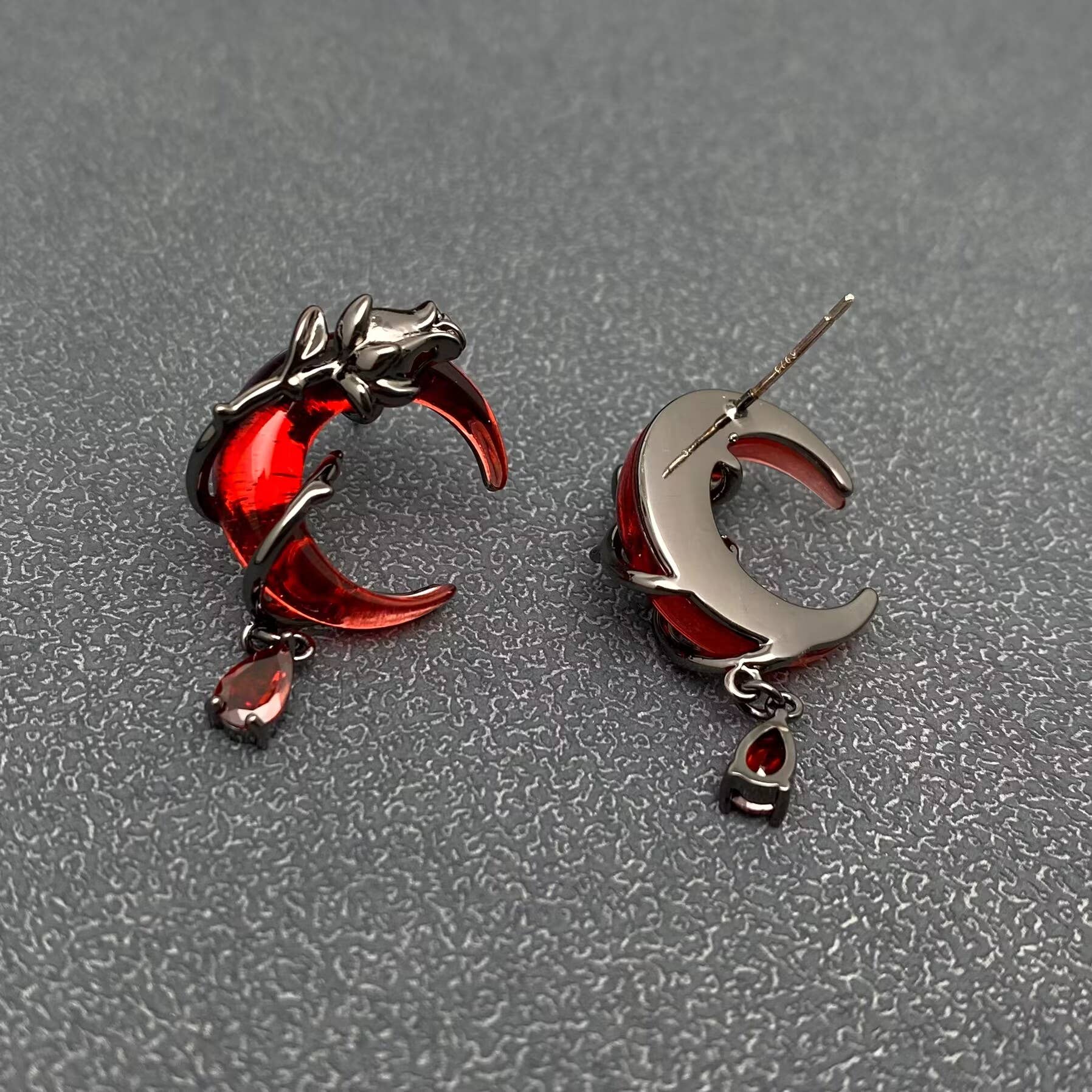 Gothic Gun-black Rose Wrapped Red Moon Earrings - GT/MS