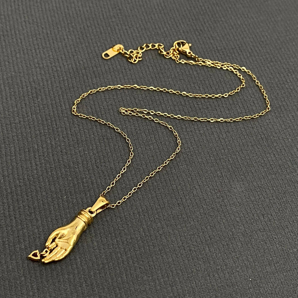 Heart CZ Palm Charm 18K Gold Plated S.Steel Necklace - FGS