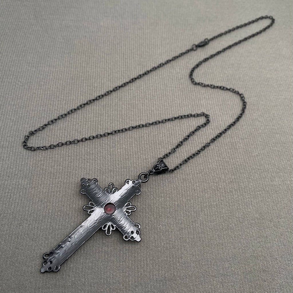 Gothic Red Glass Inlaid Cross Charm Necklace - GT