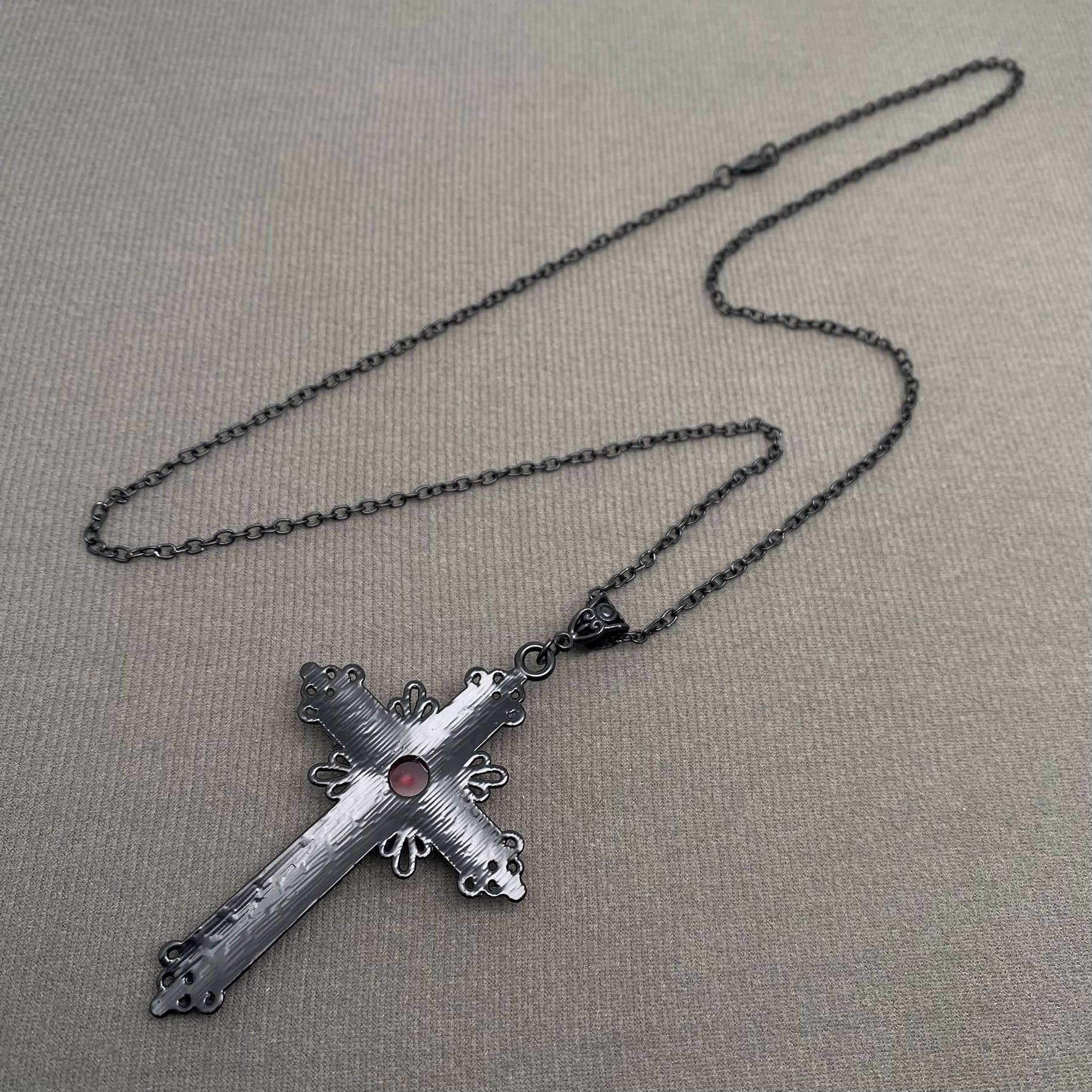 Gothic Red Glass Inlaid Cross Charm Necklace - GT