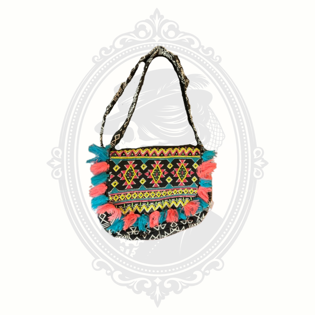 America & Beyond Tribal Tassel Crossbody Bag Black Embroidered Boho Purse