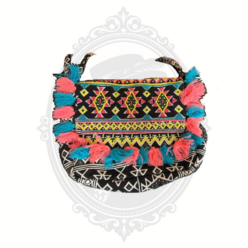 America & Beyond Tribal Tassel Crossbody Bag Black Embroidered Boho Purse