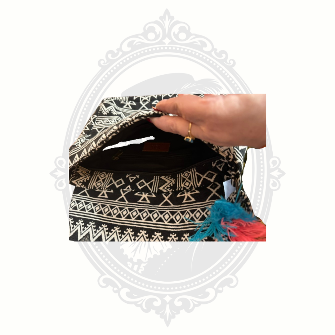 America & Beyond Tribal Tassel Crossbody Bag Black Embroidered Boho Purse