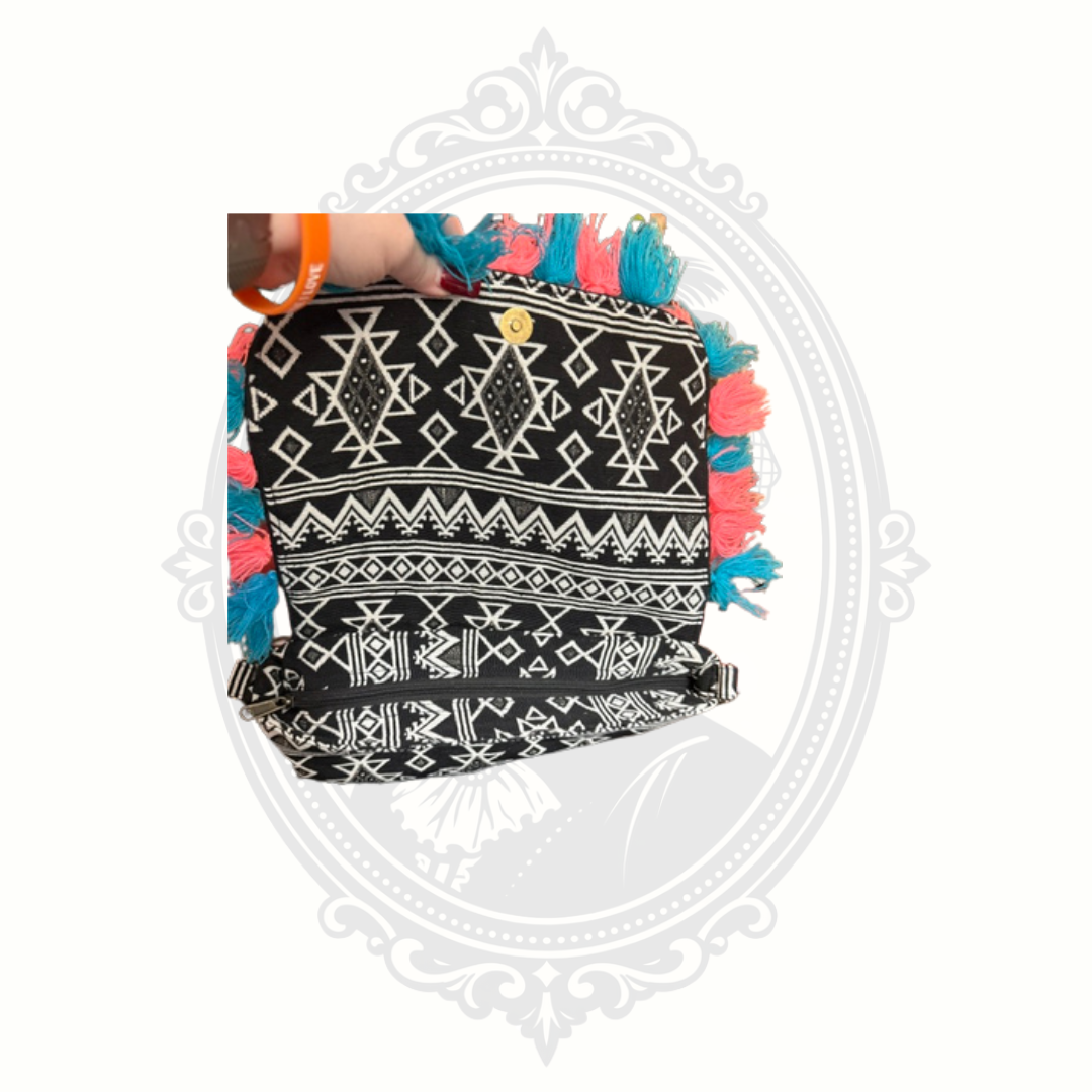America & Beyond Tribal Tassel Crossbody Bag Black Embroidered Boho Purse