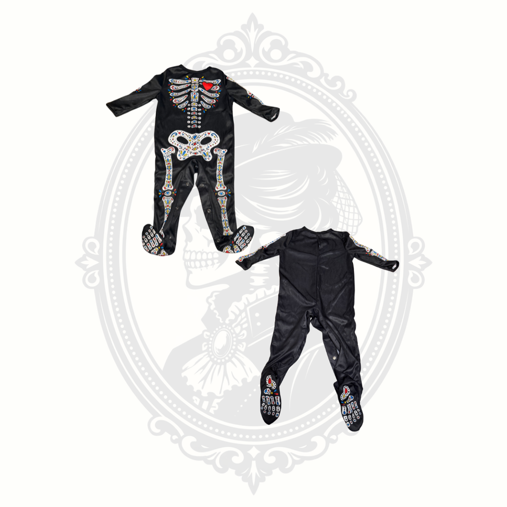 Baby sugar skull skeleton costume sleeper with colorful skeleton print on black fabric