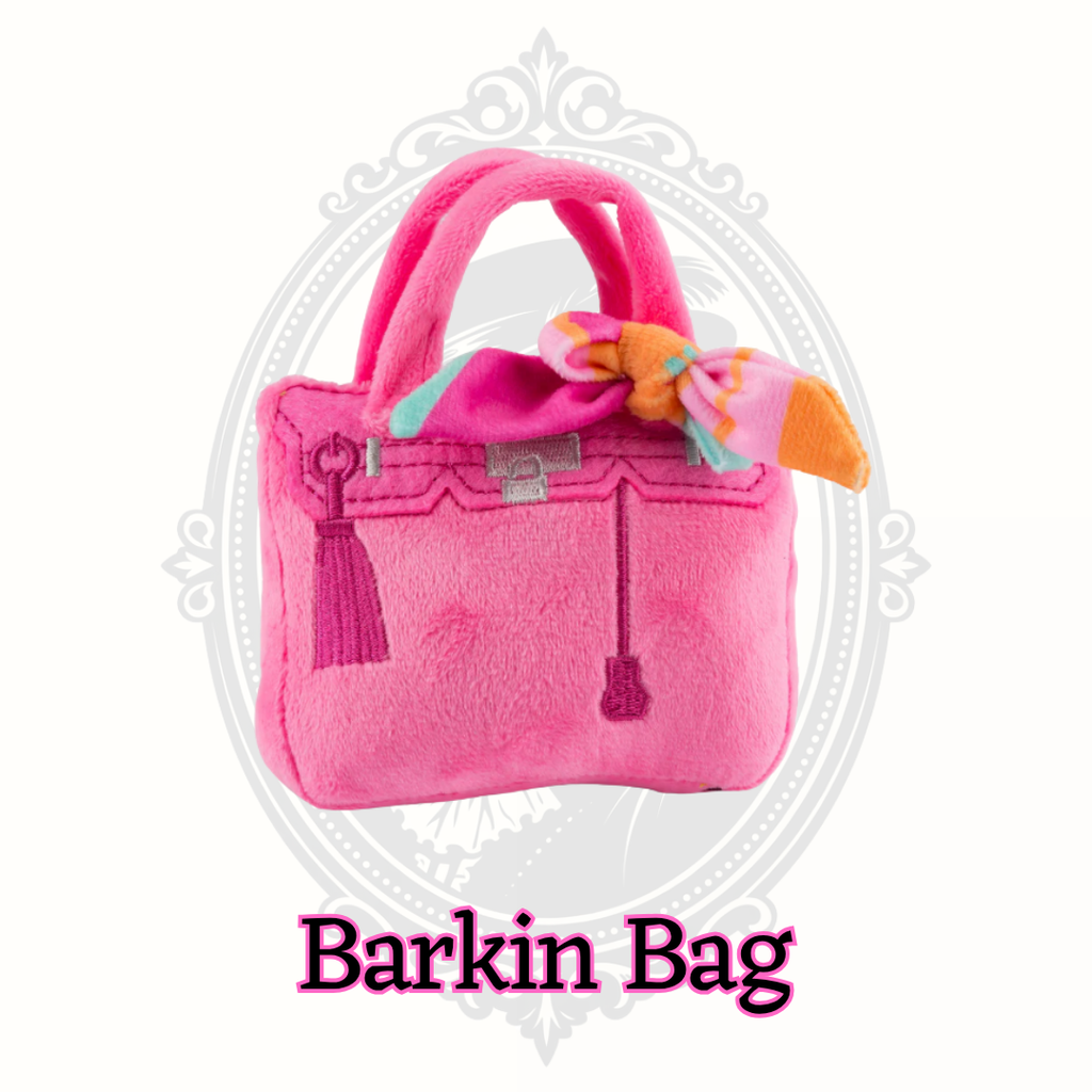 Pink Barkin Bag designer dog toy by Haute Diggity Dog with plush scarf detail, soft fabric, and squeaker, luxury-inspired purse toy for small dogs