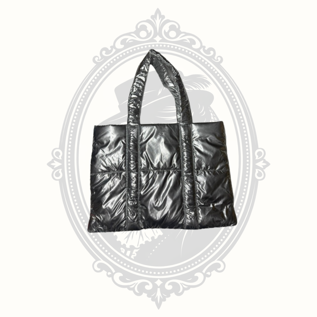 Rear view of Bath & Body Works metallic quilted puffer tote bag.