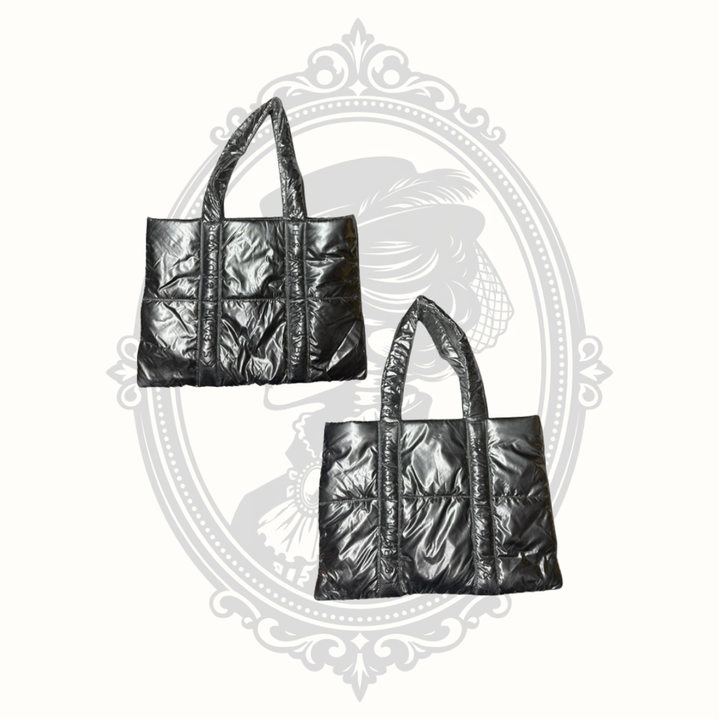 Bath & Body Works metallic gunmetal quilted puffer tote bag front and back view with padded shoulder straps.